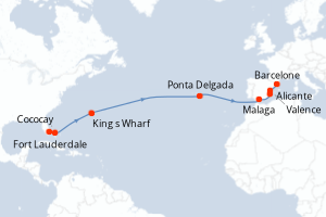 carte itinéraire croisière Transatlantique 15 jours au départ du port de Fort Lauderdale