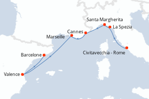 Carte de l'itinéraire de croisière Civitavecchia - Rome-Barcelone d'une durée de 7 jours