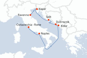 Carte de l'itinéraire de croisière Ravenne-Civitavecchia - Rome d'une durée de 7 jours