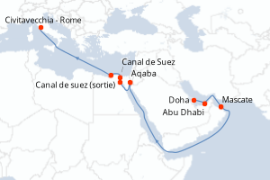 carte itinéraire croisière Méditerranée 15 jours au départ du port de Doha