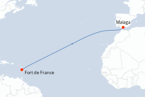 carte itinéraire croisière Transatlantique 12 jours au départ du port de Malaga