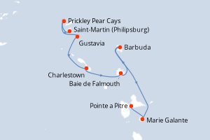 Carte de l'itinéraire de croisière Saint-Martin (Philipsburg)-Pointe a Pitre d'une durée de 7 jours