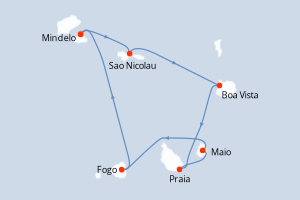Carte de l'itinéraire de croisière Mindelo-Mindelo d'une durée de 7 jours