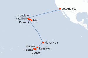 Carte de l'itinéraire de croisière Los Angeles-Papeete d'une durée de 22 jours