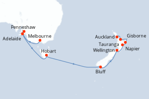 carte itinéraire croisière Australie Nouvelle Zélande 16 jours au départ du port de Melbourne