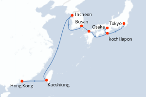 carte itinéraire croisière Asie 14 jours au départ du port de Hong Kong