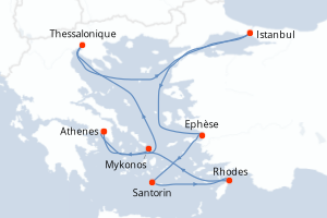 Carte itinéraire croisière Grèce, Turquie - 10 jours au départ de Le Piree - Athenes - Méditerranée