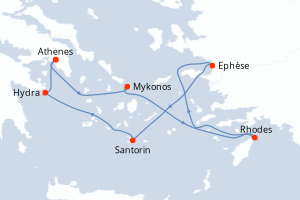 Carte de l'itinéraire de croisière Le Piree - Athenes-Le Piree - Athenes d'une durée de 7 jours