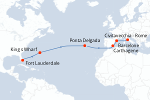 carte itinéraire croisière Transatlantique 14 jours au départ du port de Fort Lauderdale