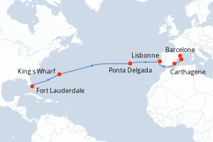 carte itinéraire croisière Transatlantique 15 jours au départ du port de Fort Lauderdale