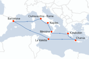 carte itinéraire croisière Sicile 10 jours au départ du port de Barcelone