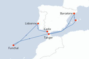 Carte de l'itinéraire de croisière Barcelone-Barcelone d'une durée de 11 jours