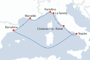 Carte de l'itinéraire de croisière Barcelone-Barcelone d'une durée de 7 jours