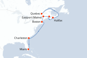 Carte de l'itinéraire de croisière Quebec-Miami d'une durée de 13 jours