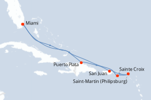 Carte de l'itinéraire de croisière Miami-Miami d'une durée de 8 jours