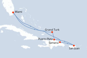 Carte de l'itinéraire de croisière Miami-Miami d'une durée de 8 jours