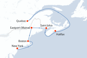 Carte de l'itinéraire de croisière New York-Quebec d'une durée de 10 jours