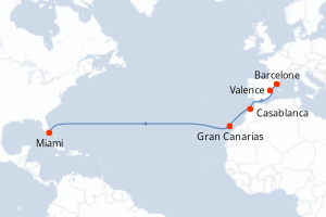 Carte de l'itinéraire de croisière Barcelone-Miami d'une durée de 14 jours