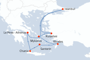 Carte de l'itinéraire de croisière Le Piree - Athenes-Le Piree - Athenes d'une durée de 11 jours