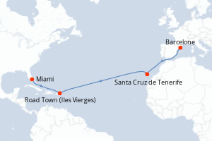 carte itinéraire croisière Transatlantique 13 jours au départ du port de Miami