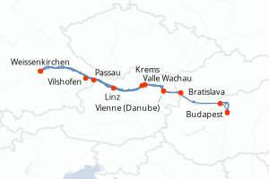 Carte de l'itinéraire de croisière Vilshofen-Budapest d'une durée de 7 jours