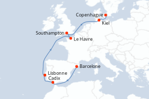 carte itinéraire croisière Europe du Nord 11 jours au départ du port de Barcelone