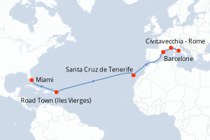 carte itinéraire croisière Transatlantique 15 jours au départ du port de Miami