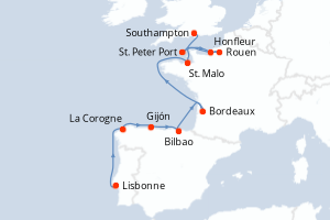 carte itinéraire croisière Europe du Nord 14 jours au départ du port de Lisbonne