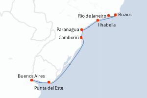 Carte de l'itinéraire de croisière Rio de Janeiro-Buenos Aires d'une durée de 12 jours