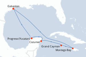 Carte de l'itinéraire de croisière Galveston-Galveston d'une durée de 8 jours