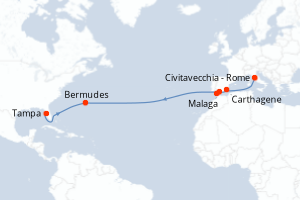 carte itinéraire croisière Transatlantique 15 jours au départ du port de Civitavecchia - Rome