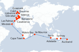 carte itinéraire croisière Europe du Nord 60 jours au départ du port de Auckland