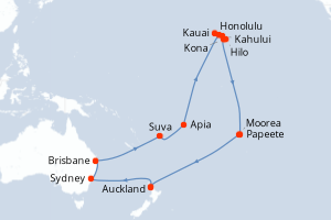 carte itinéraire croisière Australie Nouvelle Zélande 35 jours au départ du port de Auckland