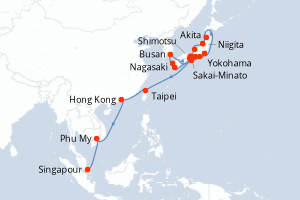 Carte de l'itinéraire de croisière Yokohama-Singapour d'une durée de 25 jours