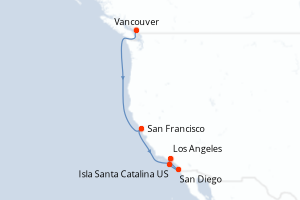 Carte de l'itinéraire de croisière Vancouver-Los Angeles d'une durée de 7 jours
