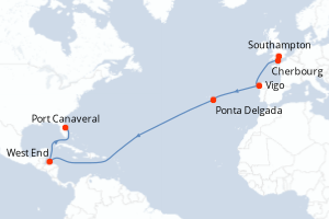 carte itinéraire croisière Transatlantique 16 jours au départ du port de Southampton