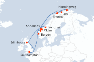 carte itinéraire croisière Fjörds norvégiens 16 jours au départ du port de Southampton