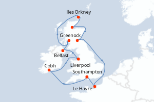 carte itinéraire croisière Europe du Nord 12 jours au départ du port de Southampton