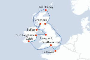 Carte de l'itinéraire de croisière Southampton-Southampton d'une durée de 12 jours