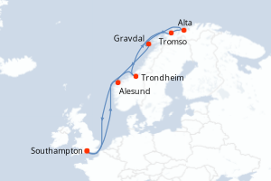 carte itinéraire croisière Fjörds norvégiens 14 jours au départ du port de Southampton