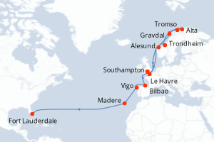 carte itinéraire croisière Transatlantique 29 jours au départ du port de Southampton