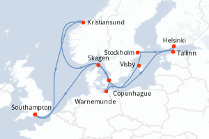 carte itinéraire croisière Europe du Nord 13 jours au départ du port de Southampton