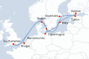 carte itinéraire croisière Europe du Nord 14 jours au départ du port de Southampton