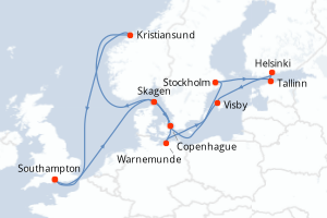 carte itinéraire croisière Europe du Nord 14 jours au départ du port de Southampton