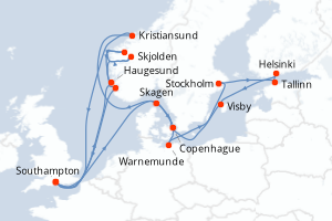 carte itinéraire croisière Fjörds norvégiens 21 jours au départ du port de Southampton