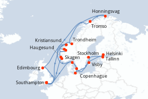 carte itinéraire croisière Fjörds norvégiens 28 jours au départ du port de Southampton