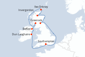 Carte de l'itinéraire de croisière Southampton-Southampton d'une durée de 10 jours