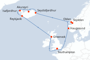 carte itinéraire croisière Fjörds norvégiens 14 jours au départ du port de Southampton