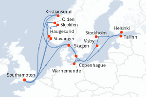 carte itinéraire croisière Fjörds norvégiens 20 jours au départ du port de Southampton