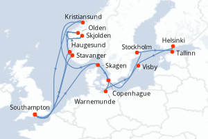 carte itinéraire croisière Fjörds norvégiens 21 jours au départ du port de Southampton